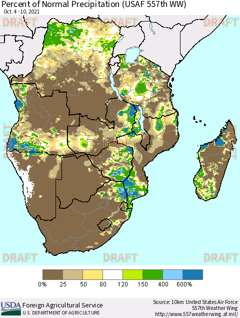 Southern Africa Percent of Normal Precipitation (USAF 557th WW) Thematic Map For 10/4/2021 - 10/10/2021