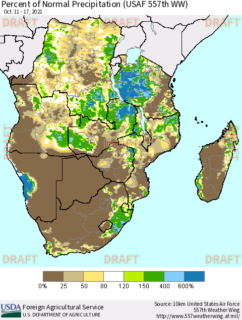 Southern Africa Percent of Normal Precipitation (USAF 557th WW) Thematic Map For 10/11/2021 - 10/17/2021