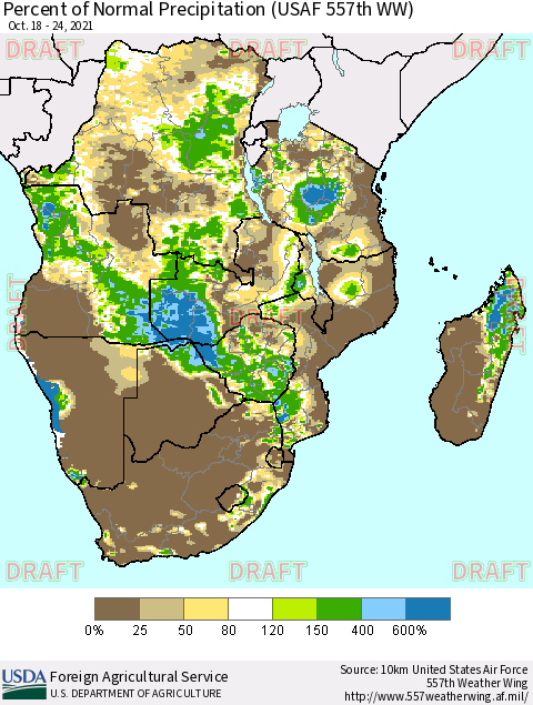Southern Africa Percent of Normal Precipitation (USAF 557th WW) Thematic Map For 10/18/2021 - 10/24/2021