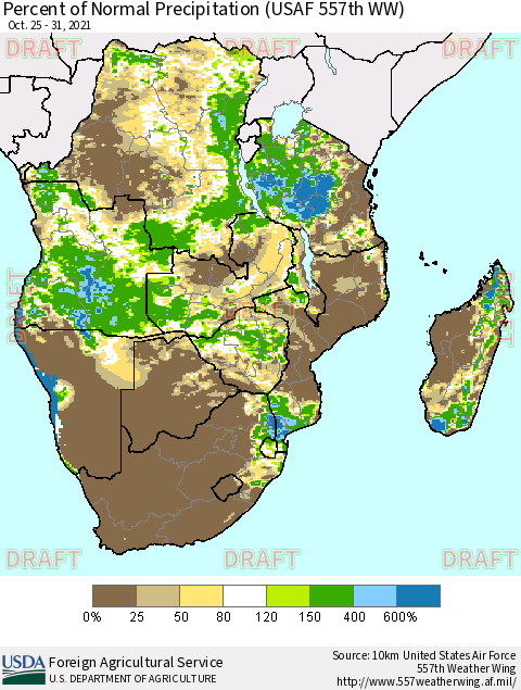 Southern Africa Percent of Normal Precipitation (USAF 557th WW) Thematic Map For 10/25/2021 - 10/31/2021