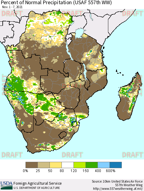 Southern Africa Percent of Normal Precipitation (USAF 557th WW) Thematic Map For 11/1/2021 - 11/7/2021