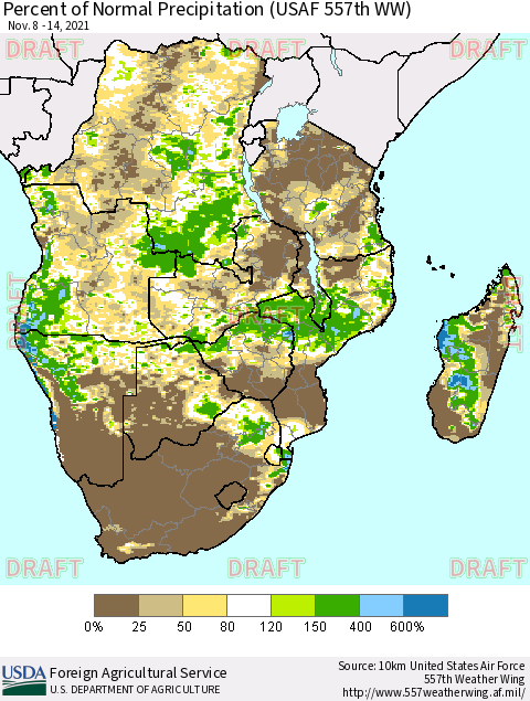 Southern Africa Percent of Normal Precipitation (USAF 557th WW) Thematic Map For 11/8/2021 - 11/14/2021