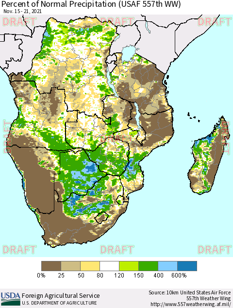 Southern Africa Percent of Normal Precipitation (USAF 557th WW) Thematic Map For 11/15/2021 - 11/21/2021