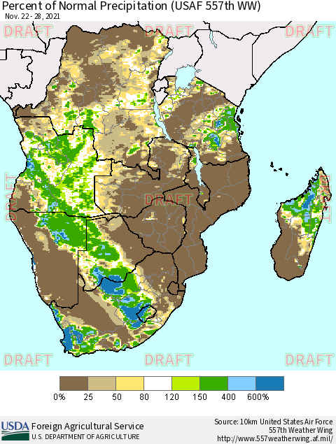Southern Africa Percent of Normal Precipitation (USAF 557th WW) Thematic Map For 11/22/2021 - 11/28/2021