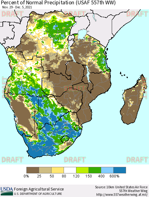 Southern Africa Percent of Normal Precipitation (USAF 557th WW) Thematic Map For 11/29/2021 - 12/5/2021