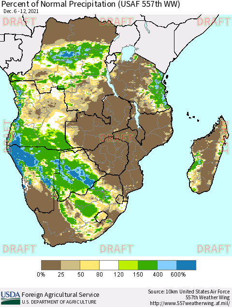 Southern Africa Percent of Normal Precipitation (USAF 557th WW) Thematic Map For 12/6/2021 - 12/12/2021