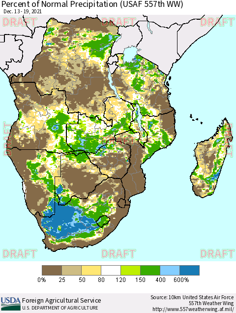 Southern Africa Percent of Normal Precipitation (USAF 557th WW) Thematic Map For 12/13/2021 - 12/19/2021
