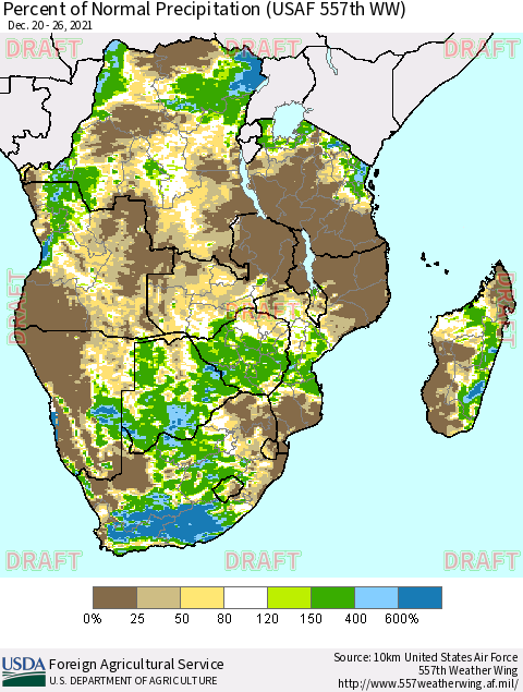 Southern Africa Percent of Normal Precipitation (USAF 557th WW) Thematic Map For 12/20/2021 - 12/26/2021