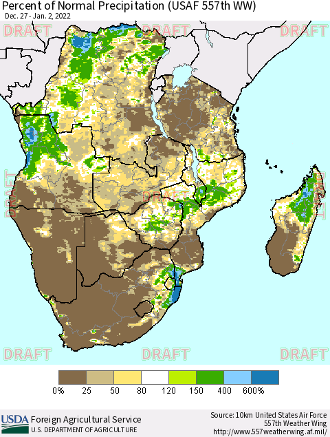 Southern Africa Percent of Normal Precipitation (USAF 557th WW) Thematic Map For 12/27/2021 - 1/2/2022