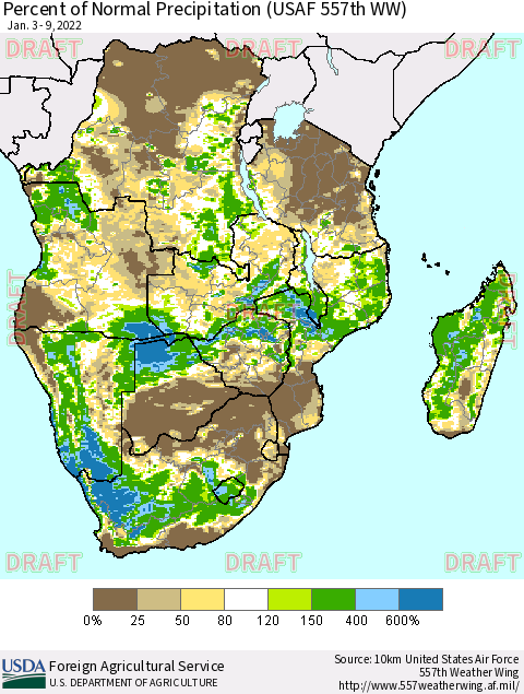 Southern Africa Percent of Normal Precipitation (USAF 557th WW) Thematic Map For 1/3/2022 - 1/9/2022