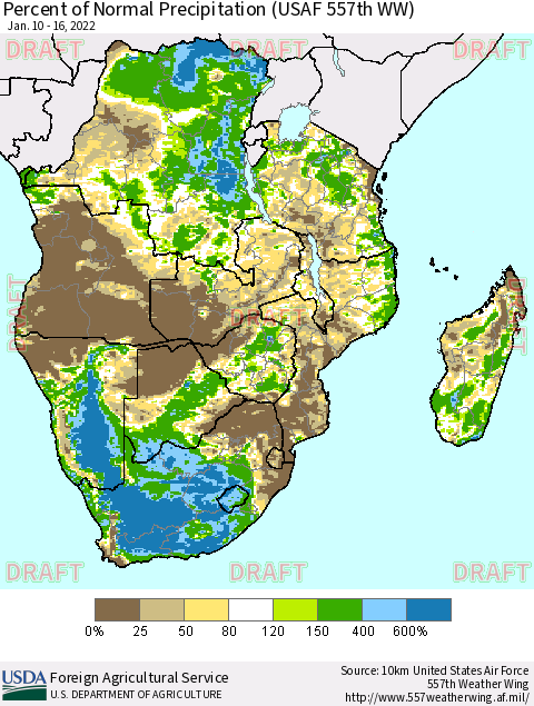 Southern Africa Percent of Normal Precipitation (USAF 557th WW) Thematic Map For 1/10/2022 - 1/16/2022