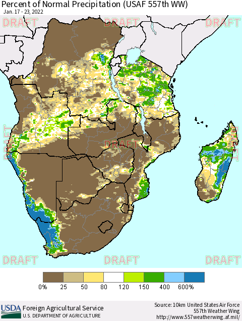 Southern Africa Percent of Normal Precipitation (USAF 557th WW) Thematic Map For 1/17/2022 - 1/23/2022