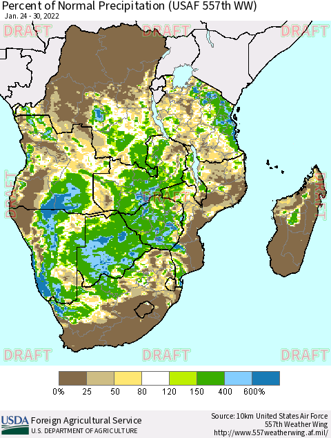 Southern Africa Percent of Normal Precipitation (USAF 557th WW) Thematic Map For 1/24/2022 - 1/30/2022