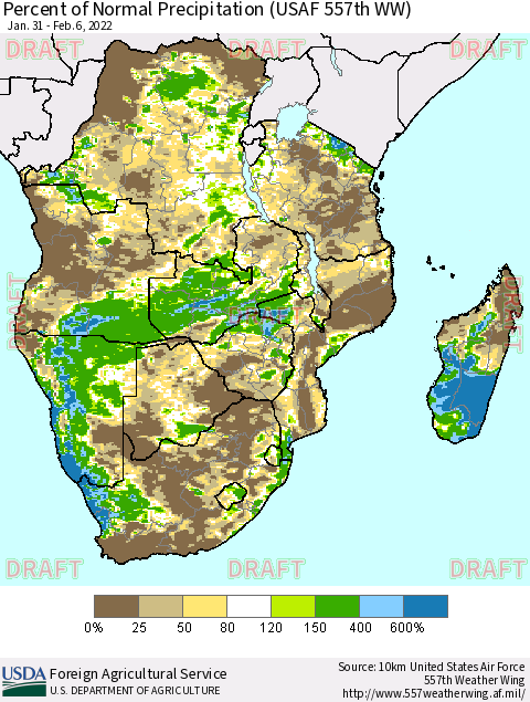 Southern Africa Percent of Normal Precipitation (USAF 557th WW) Thematic Map For 1/31/2022 - 2/6/2022