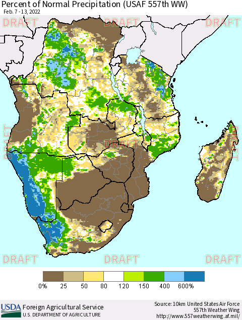 Southern Africa Percent of Normal Precipitation (USAF 557th WW) Thematic Map For 2/7/2022 - 2/13/2022