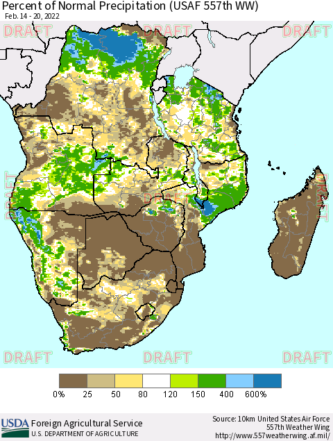 Southern Africa Percent of Normal Precipitation (USAF 557th WW) Thematic Map For 2/14/2022 - 2/20/2022