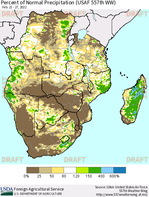 Southern Africa Percent of Normal Precipitation (USAF 557th WW) Thematic Map For 2/21/2022 - 2/27/2022