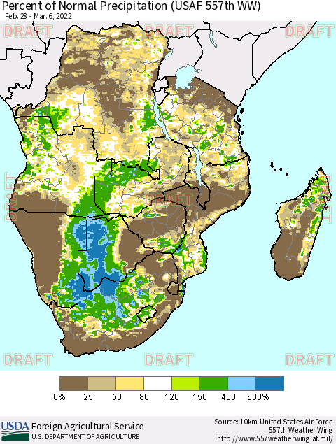 Southern Africa Percent of Normal Precipitation (USAF 557th WW) Thematic Map For 2/28/2022 - 3/6/2022