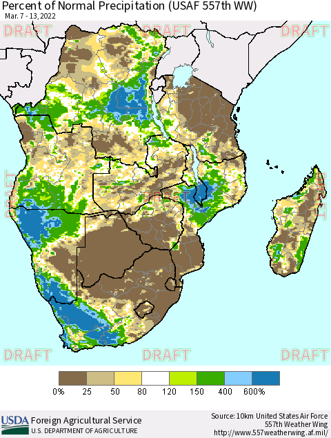 Southern Africa Percent of Normal Precipitation (USAF 557th WW) Thematic Map For 3/7/2022 - 3/13/2022