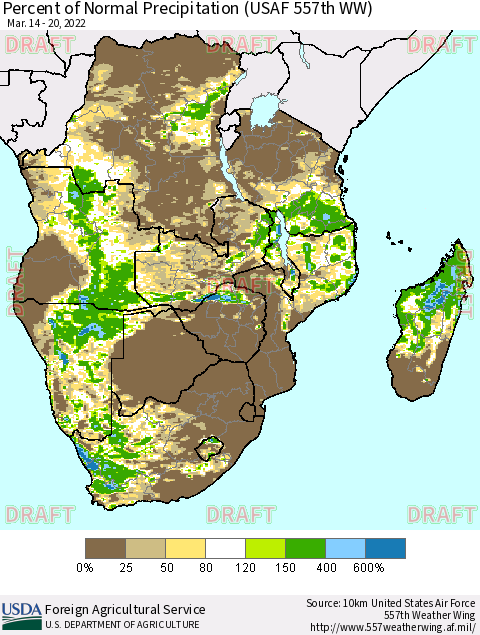 Southern Africa Percent of Normal Precipitation (USAF 557th WW) Thematic Map For 3/14/2022 - 3/20/2022