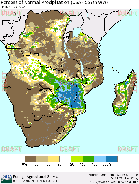 Southern Africa Percent of Normal Precipitation (USAF 557th WW) Thematic Map For 3/21/2022 - 3/27/2022