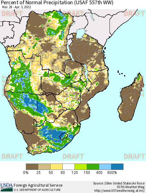 Southern Africa Percent of Normal Precipitation (USAF 557th WW) Thematic Map For 3/28/2022 - 4/3/2022