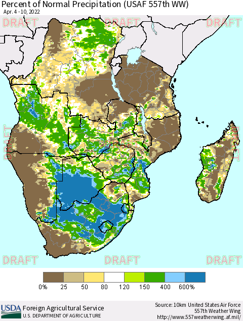 Southern Africa Percent of Normal Precipitation (USAF 557th WW) Thematic Map For 4/4/2022 - 4/10/2022