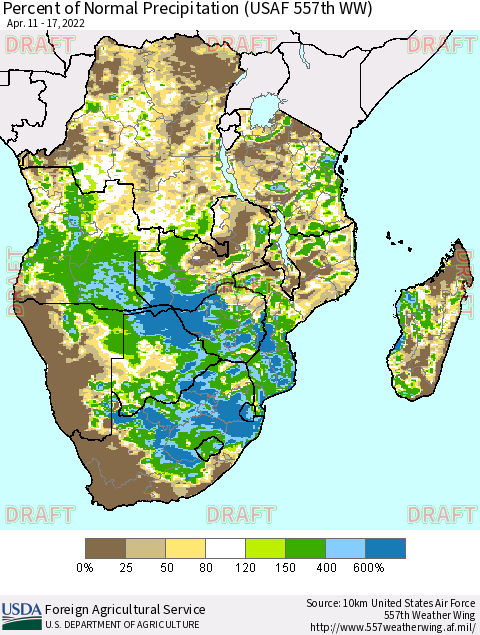 Southern Africa Percent of Normal Precipitation (USAF 557th WW) Thematic Map For 4/11/2022 - 4/17/2022