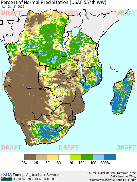Southern Africa Percent of Normal Precipitation (USAF 557th WW) Thematic Map For 4/18/2022 - 4/24/2022