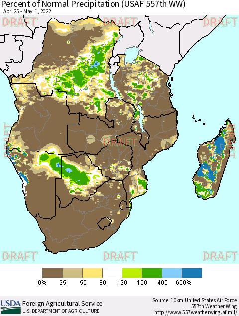 Southern Africa Percent of Normal Precipitation (USAF 557th WW) Thematic Map For 4/25/2022 - 5/1/2022
