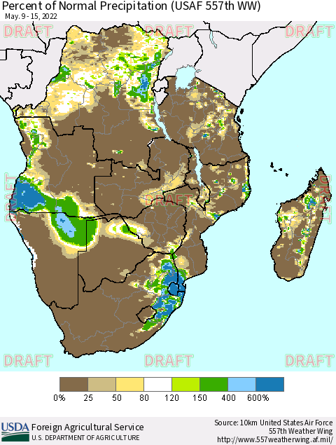 Southern Africa Percent of Normal Precipitation (USAF 557th WW) Thematic Map For 5/9/2022 - 5/15/2022