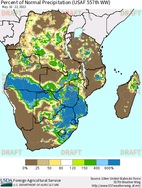 Southern Africa Percent of Normal Precipitation (USAF 557th WW) Thematic Map For 5/16/2022 - 5/22/2022