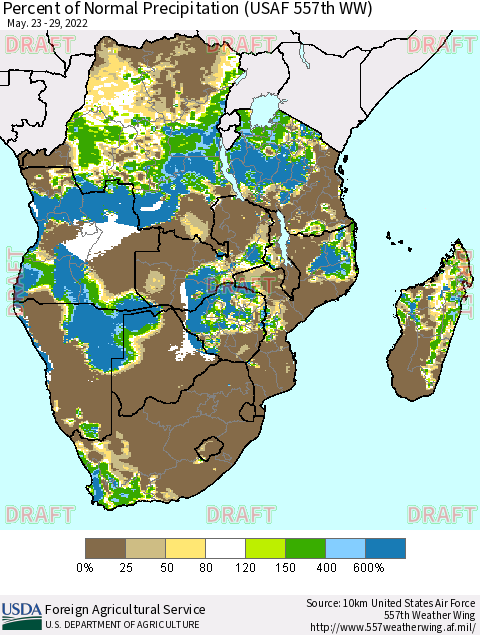 Southern Africa Percent of Normal Precipitation (USAF 557th WW) Thematic Map For 5/23/2022 - 5/29/2022
