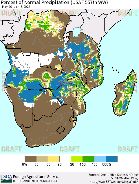 Southern Africa Percent of Normal Precipitation (USAF 557th WW) Thematic Map For 5/30/2022 - 6/5/2022