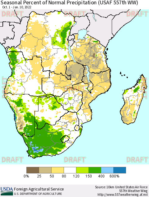 Southern Africa Seasonal Percent of Normal Precipitation (USAF 557th WW) Thematic Map For 10/1/2021 - 1/10/2022