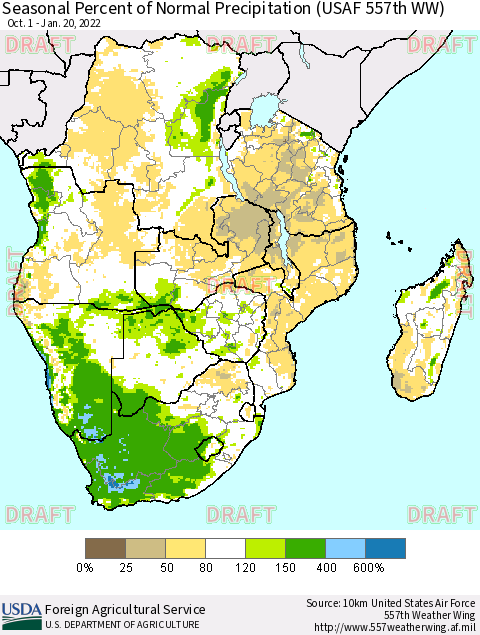Southern Africa Seasonal Percent of Normal Precipitation (USAF 557th WW) Thematic Map For 10/1/2021 - 1/20/2022