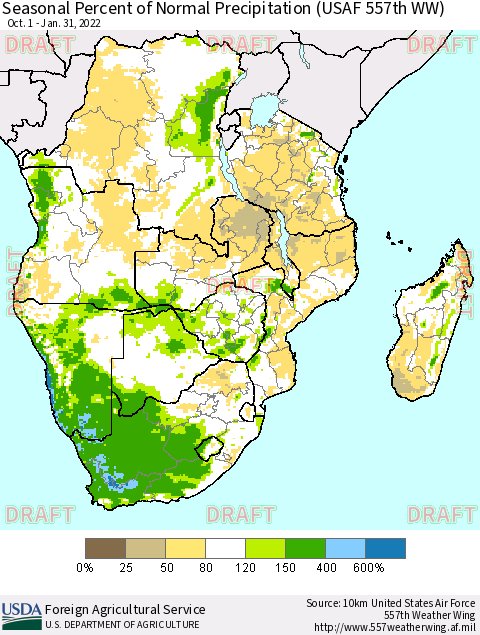 Southern Africa Seasonal Percent of Normal Precipitation (USAF 557th WW) Thematic Map For 10/1/2021 - 1/31/2022