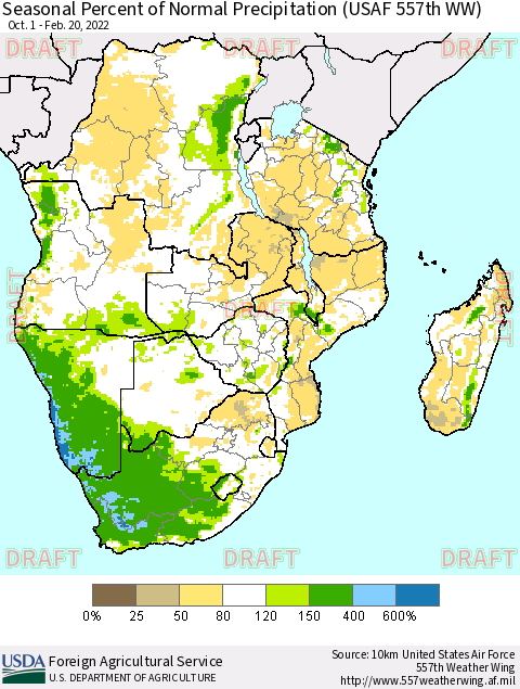 Southern Africa Seasonal Percent of Normal Precipitation (USAF 557th WW) Thematic Map For 10/1/2021 - 2/20/2022