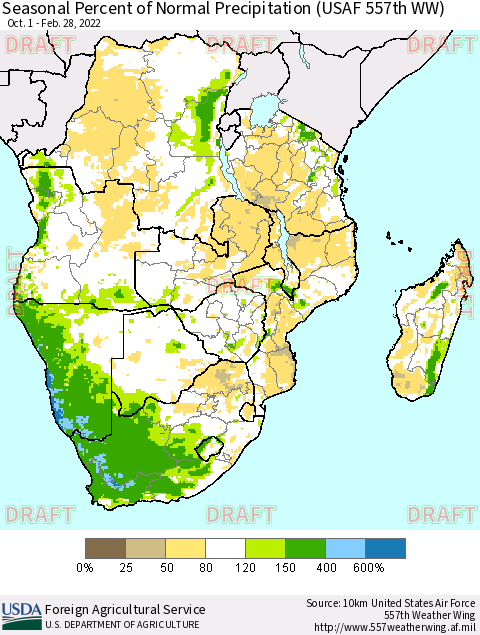 Southern Africa Seasonal Percent of Normal Precipitation (USAF 557th WW) Thematic Map For 10/1/2021 - 2/28/2022
