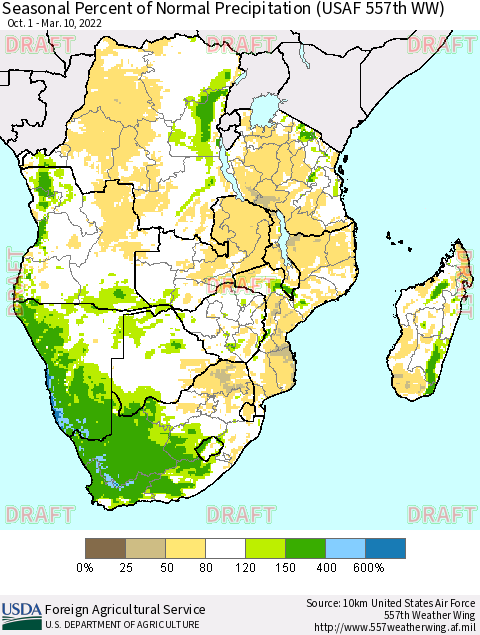 Southern Africa Seasonal Percent of Normal Precipitation (USAF 557th WW) Thematic Map For 10/1/2021 - 3/10/2022