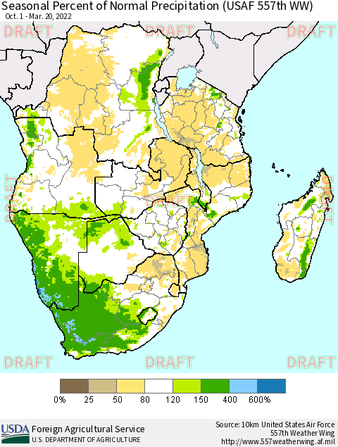 Southern Africa Seasonal Percent of Normal Precipitation (USAF 557th WW) Thematic Map For 10/1/2021 - 3/20/2022
