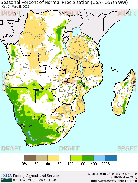 Southern Africa Seasonal Percent of Normal Precipitation (USAF 557th WW) Thematic Map For 10/1/2021 - 3/31/2022