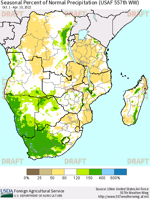 Southern Africa Seasonal Percent of Normal Precipitation (USAF 557th WW) Thematic Map For 10/1/2021 - 4/10/2022