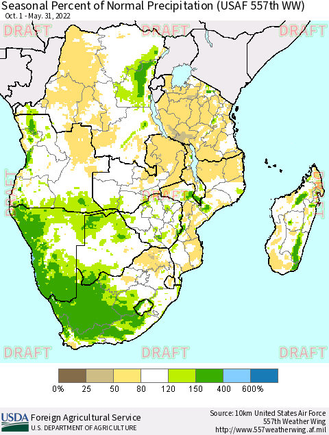 Southern Africa Seasonal Percent of Normal Precipitation (USAF 557th WW) Thematic Map For 10/1/2021 - 5/31/2022