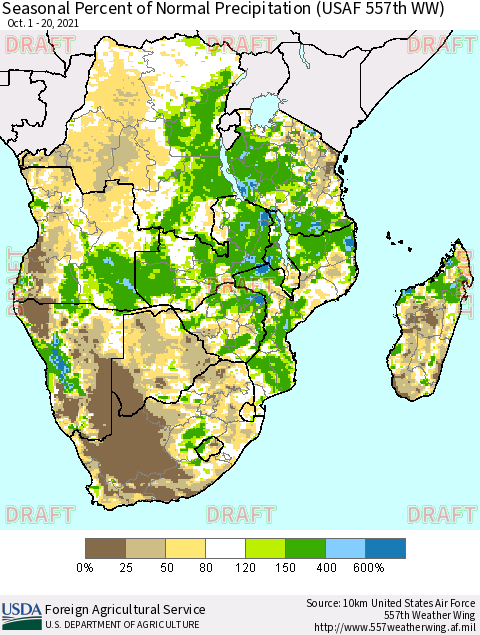 Southern Africa Seasonal Percent of Normal Precipitation (USAF 557th WW) Thematic Map For 10/1/2021 - 10/20/2021