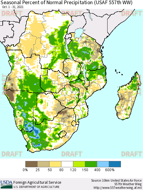 Southern Africa Seasonal Percent of Normal Precipitation (USAF 557th WW) Thematic Map For 10/1/2021 - 10/31/2021