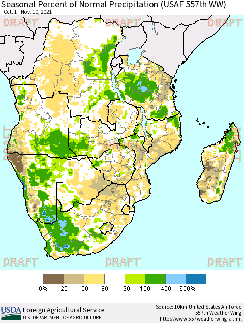 Southern Africa Seasonal Percent of Normal Precipitation (USAF 557th WW) Thematic Map For 10/1/2021 - 11/10/2021