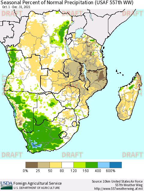 Southern Africa Seasonal Percent of Normal Precipitation (USAF 557th WW) Thematic Map For 10/1/2021 - 12/31/2021