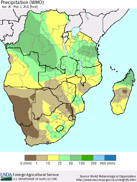 Southern Africa Precipitation (WMO) Thematic Map For 4/26/2021 - 5/2/2021