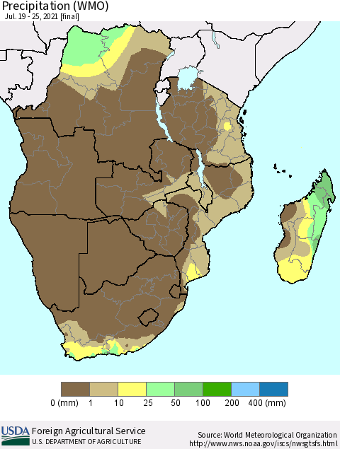 Southern Africa Precipitation (WMO) Thematic Map For 7/19/2021 - 7/25/2021